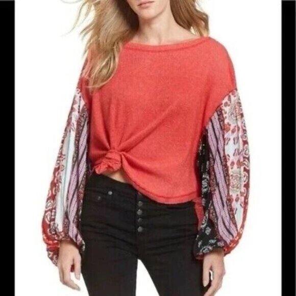 We The Free People Oversize M Red Blossom Thermal Balloon Sleeve Top Shirt Boho - Picture 2 of 14
